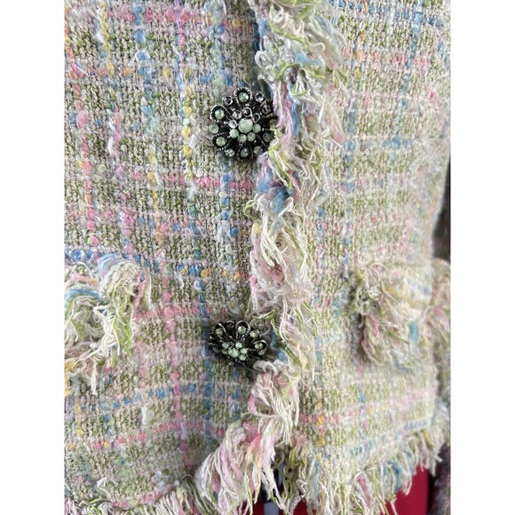 Tweed Fringe Fairy Jacket Y2K Clueless Pastel, Parisian Bouclé Blazer Plaid VTG - Picture 3 of 16